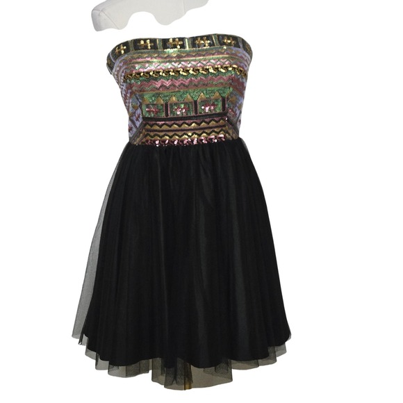 Aidan Mattox Dress Womens 6 Black Strapless Sequin Embellished Tulle Party Midi - Picture 1 of 9